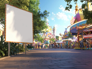 Blank white poster stands in a lively amusement park filled with colorful attractions and visitors enjoying the day