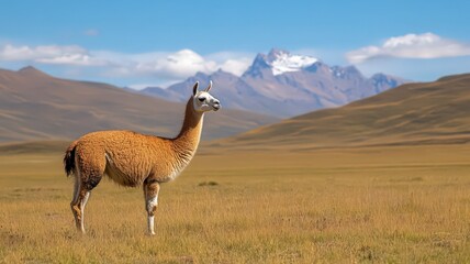 Spotted Llama in a High Altitude Grassland with Mountain View