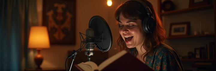 A joyful woman records an audiobook in a cozy setting, showcasing vibrant emotions and creativity, perfect for projects in storytelling and voiceover.