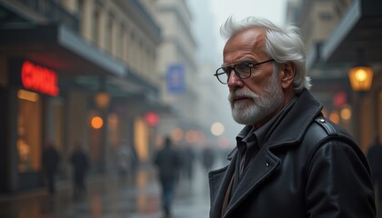 Thoughtful senior man in glasses on city street, contemplative mood, exploring urban life