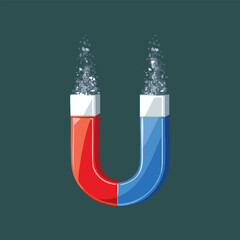 U-shaped magnet attracting iron filings against dark background