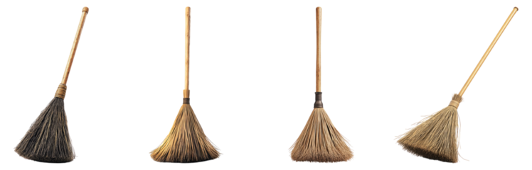Four Different Broom Designs for Cleaning and Maintenance Purposes, Isolated on Transparent Background
