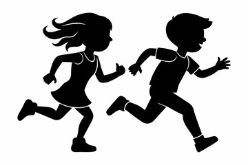 running children line art silhouette vector illustration