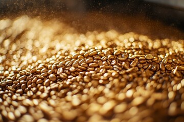 Obraz premium Freshly Roasted Coffee Beans Pile - Aromatic Grains Heap Background in Golden Brown Tones with Abstract Bokeh Effect