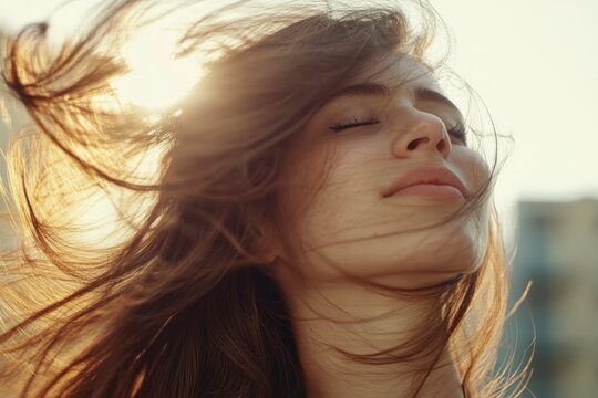 Serene Hispanic woman enjoying golden sunlight with blowing hair in outdoor nature setting