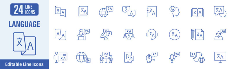 Language line icon set. Contains icons as language, translate, dictionary, language skills, translator, speaking and more. Vector illustration. © Puspa