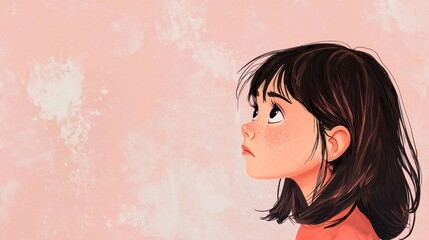 A girl with short dark hair stares upward, her expression full of wonder. The soft pink background creates a tranquil atmosphere, highlighting her inquisitive nature