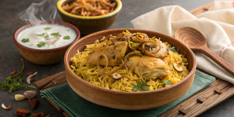 Aromatic Chicken Biryani with Saffron Rice and Raita &ndash; Authentic Indian Food in 8K