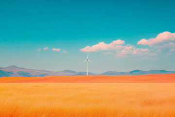 Solitary wind turbine on a tranquil rural landscape, subtle grain, soft focus edges, vintage photo