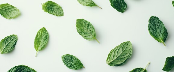 Fresh mint leaves arranged on white background