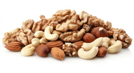 Assorted nuts pile, studio shot, white background, healthy snack