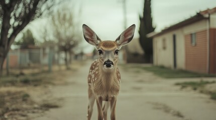 A young deer fawn stands on a residential street, looking directly at the camera.