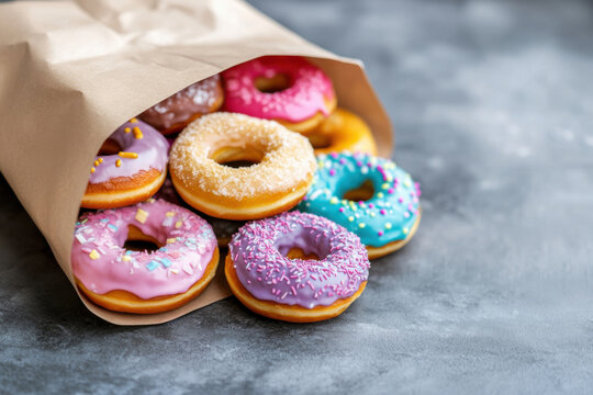 Assorted colorful dounuts in a paper bag  with vibrant toppings on a dark background. Vibrant food photography. 