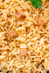 Rice ham meat main course fresh delicious gourmet food background on the table rustic food top view copy space