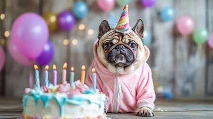 Naklejka premium A grumpy yet adorable pug wearing a unicorn onesie, reluctantly posing in front of a birthday cake, comedic pet photography concept, ultra-realistic fur 