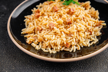 Rice ham meat main course fresh delicious gourmet food background on the table rustic food top view copy space