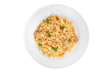 Rice ham meat main course fresh delicious gourmet food background on the table rustic food top view copy space