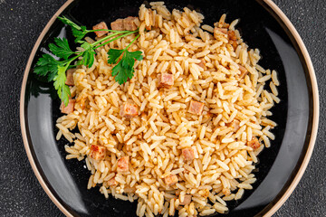 Rice ham meat main course fresh delicious gourmet food background on the table rustic food top view copy space