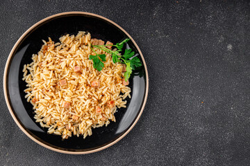 Rice ham meat main course fresh delicious gourmet food background on the table rustic food top view copy space