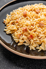 Rice ham meat main course fresh delicious gourmet food background on the table rustic food top view copy space