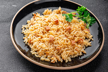 Rice ham meat main course fresh delicious gourmet food background on the table rustic food top view copy space