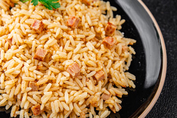 Rice ham meat main course fresh delicious gourmet food background on the table rustic food top view copy space