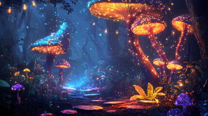 Obraz premium A magical forest scene with glowing mushrooms and enchanted lights in a vibrant dreamscape setting. enchanted fairy forest. illustration. Glowing Mushrooms. Illustration