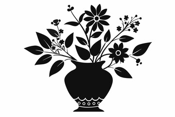 vase with flowers and leaves line art silhouette vector illustration