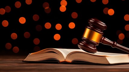 Gavel on Open Law Book with Festive Background