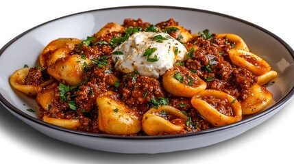 Fototapeta premium Delicious Orecchiette Pasta with Spicy Bolognese Sauce and Creamy Burrata