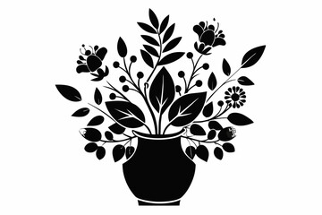 vase with flowers and leaves line art silhouette vector illustration
