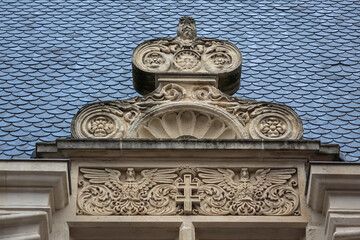 Architectural fragments of Ducal Palace of Nancy (Palais ducal du Nancy, XV century). Now palace is a museum Lorrain, dedicated to art, history and traditions of Lorraine. Nancy, Lorraine, France.