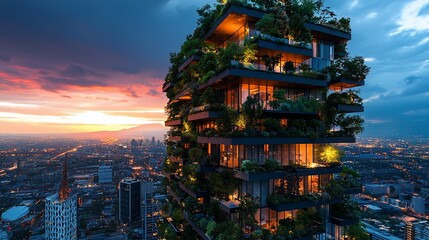 Obraz premium Urban Vertical Forest Skyscraper at Sunset