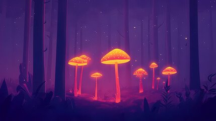 Dark forest with glowing mushrooms and tall trees, trees, glowing, forest. Glowing Mushrooms. Illustration