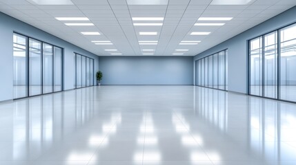 Spacious Modern Office Interior Design: Empty Room with Glass Walls and Polished Floors