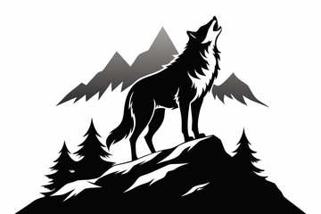wolf howling mountain line art silhouette vector illustration