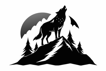 wolf howling mountain line art silhouette vector illustration