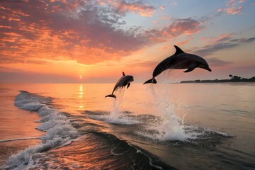 Fototapeta premium Dolphins jumping in the ocean at sunrise.