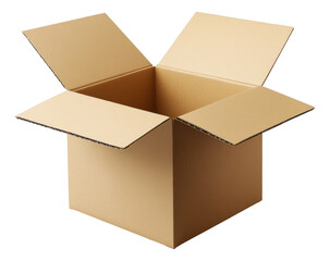Open Cardboard Box. Empty Container. Brown Paper Package. Isolated Object. Transparent. Png. Unpacked Delivery. Mailing Material. Shipping Box. Side view.