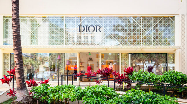 Oahu, Hawaii, USA - February 22, 2024 - Exterior view of the Christian Dior store on Kalakaua Avenue. Dior offers a wide range of high end fashion, accessories, beauty products, and fragrances.