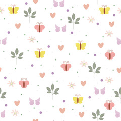 Summer pattern with flowers and butterflies on a light background with space for copy. Spring pattern with vector elements on white background, drawing for children products, gift wrapping paper