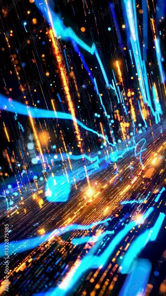 Poster digital energy streams. futuristic motion particles in seamless vertical loop. diagonal tracking cam