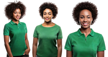 Different set of African woman in green polo T-shirt  top with black afro hair isolated against transparent backgroned