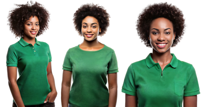 Different set of African woman in green polo T-shirt  top with black afro hair isolated against transparent backgroned - Powered by Adobe
