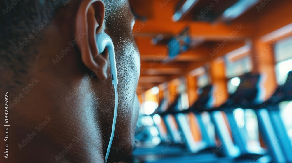 Poster close-up view of an ear wearing wireless earbuds in a vibrant gym setting for an energetic workout e