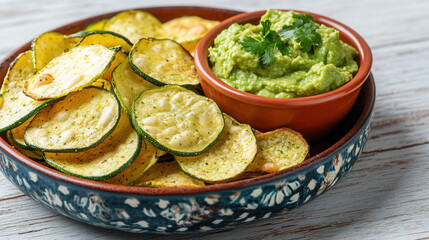 Delicious gluten-free zucchini chips with creamy guacamole on a vibrant ceramic plate in soft daylight