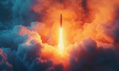 Rocket launching through glowing clouds, vibrant orange and blue tones symbolizing ambition and progress, dynamic composition,