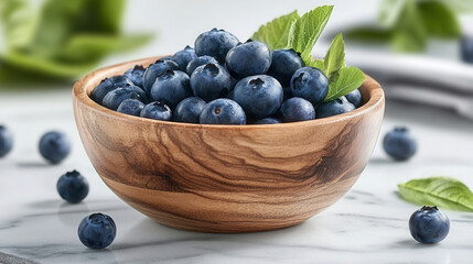 Fresh blueberries in a rustic wooden bowl on a white marble table with scattered berries and green leaves