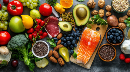 A diverse selection of fresh, nutrient-rich foods is beautifully arranged on a table, representing a balanced and healthy diet