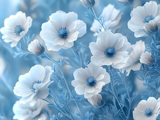 Dreamy Watercolor Wildflower Pattern Across Serene Blue Background